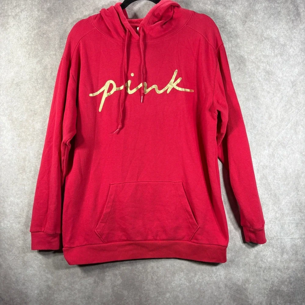 Victoria's‎ Secret PINK Hoodie Women Medium Red Gold Logo Pullover Fleece Active
